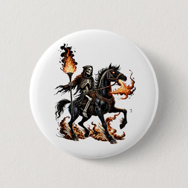 Grim Reaper Skeleton Riding Horse Flames 6 Cm Round Badge (Front)