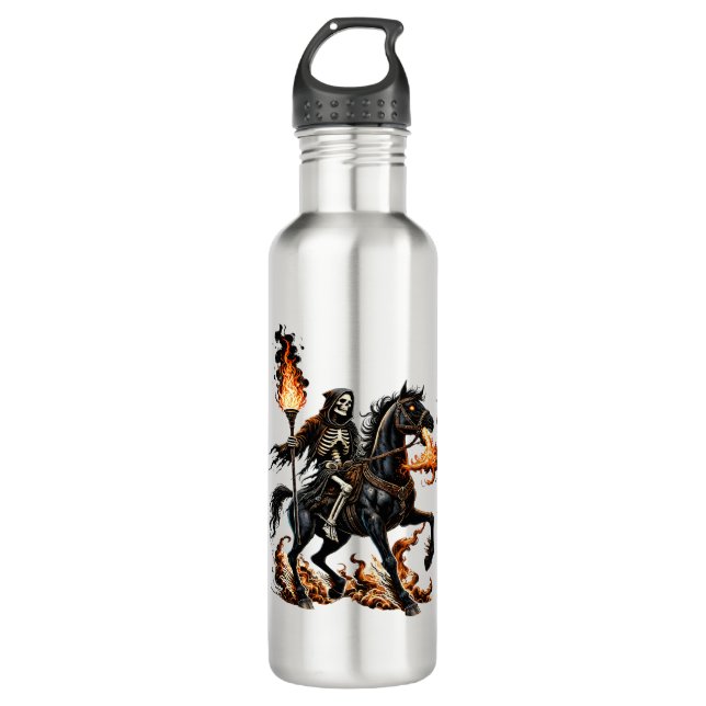 Grim Reaper Skeleton Riding Horse Flames 710 Ml Water Bottle (Front)