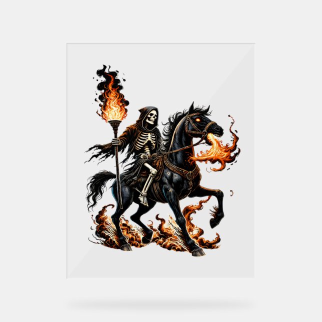Grim Reaper Skeleton Riding Horse Flames Acrylic Sign (Front)