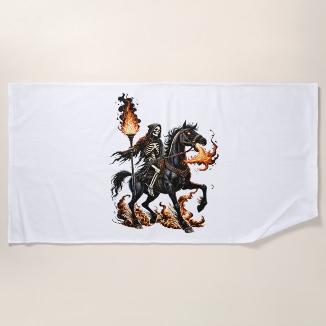 Grim Reaper Skeleton Riding Horse Flames Beach Towel (Front)