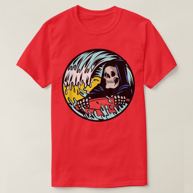 Grim Reaper Skeleton Surf Surfing  T-Shirt (Design Front)