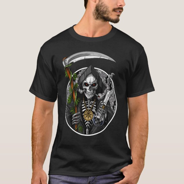 Grim Reaper Smoking Weed Smoking Skull Skeleton T-Shirt (Front)