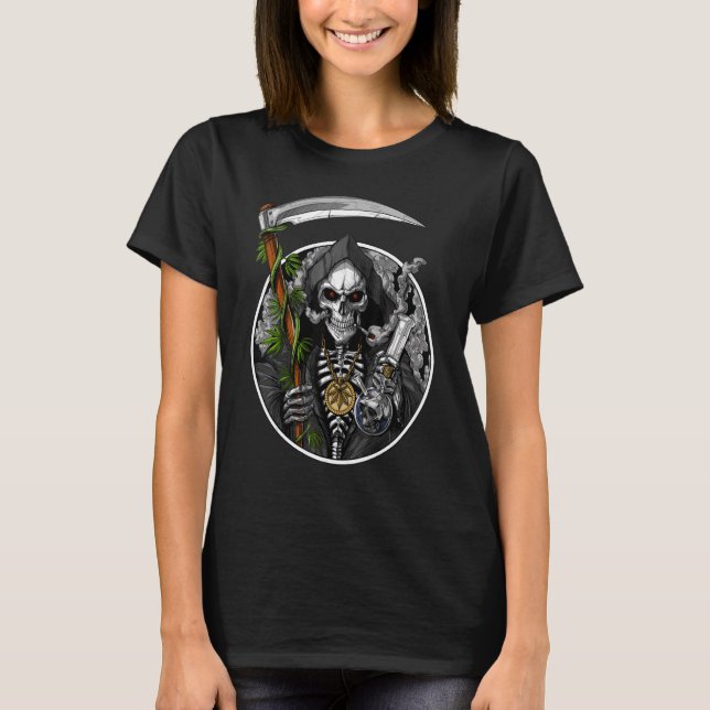 Grim Reaper Smoking Weed Smoking Skull Skeleton T-Shirt (Front)