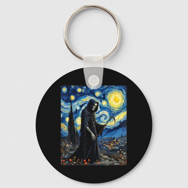 Grim Reaper Van Gogh Starry Night Inspired Gothic Key Ring (Front)