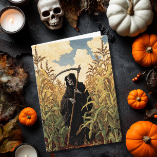 Grim Reaper Walking in Corn Field Spooky Halloween Card