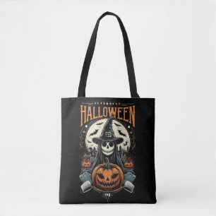 Grim Reaper Witch Pumpkin Halloween Graveyard Tote Bag