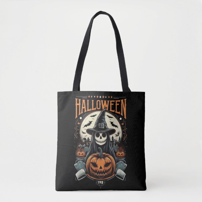 Grim Reaper Witch Pumpkin Halloween Graveyard Tote Bag (Front)