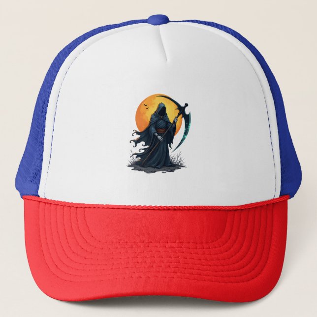 Grim Reaper with Scythe – Scary Halloween Shirt Trucker Hat (Front)