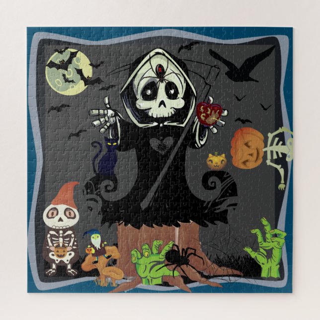 Grim Reaper Zombie Skeleton Gnome Pumpkin Man Bats Jigsaw Puzzle (Vertical)
