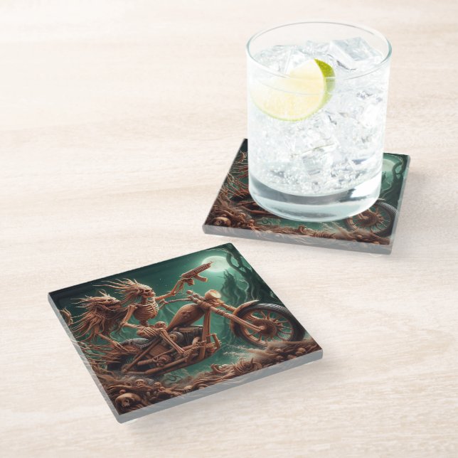 Grimbone and Skulldust, mounted their big chopper  Glass Coaster (Angled)