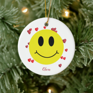 Grin Face with Red Hearts Personalised Ceramic Tree Decoration