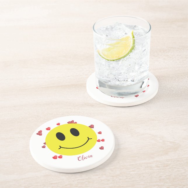 Grin Face with Red Hearts Personalised     Coaster (Side)