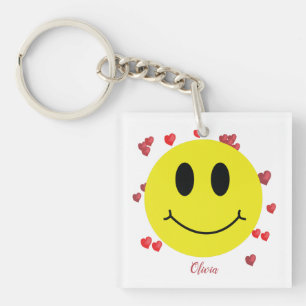 Grin Face with Red Hearts Personalised Key Ring