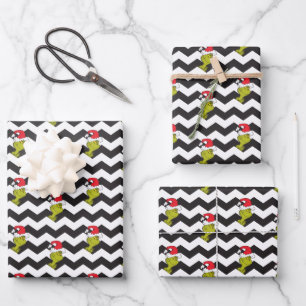 Grinch Black & White Holiday Chevron Pattern Wrapping Paper Sheet