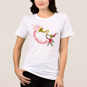 Grinch Blowing the Merry Grinchmas Horn Tri-Blend Shirt