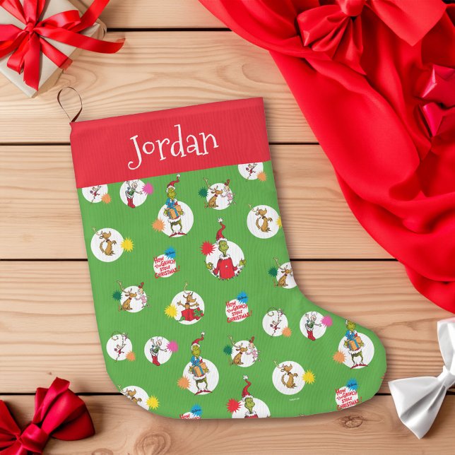 Grinch | Christmas Dot Pattern Large Christmas Stocking (Stocking on table)