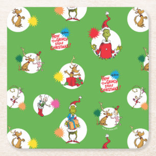 Grinch   Christmas Dot Pattern Square Paper Coaster