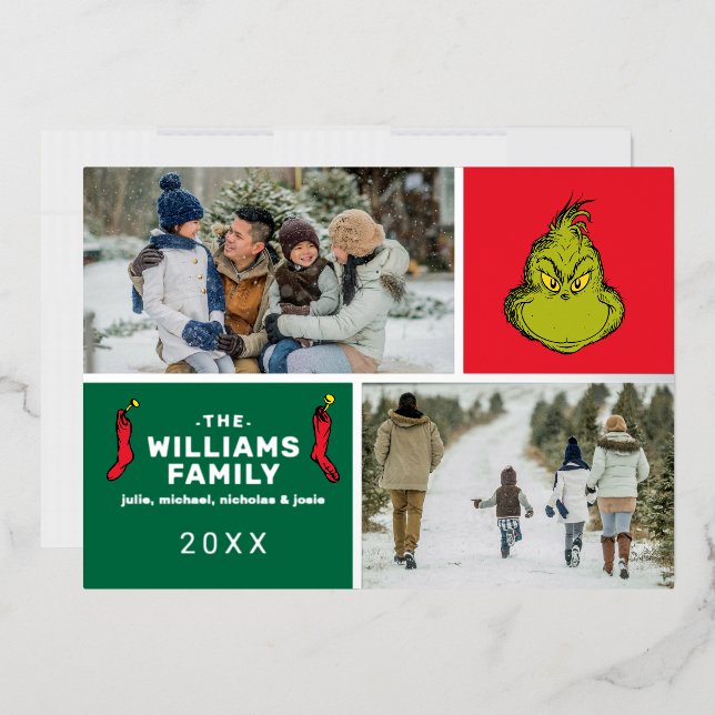 Grinch Christmas Family Photo Collage Foil Holiday Card (Envelope)
