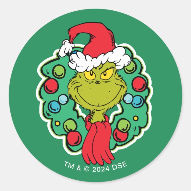 Grinch | Christmas Holiday Wreath Classic Round Sticker (Front)