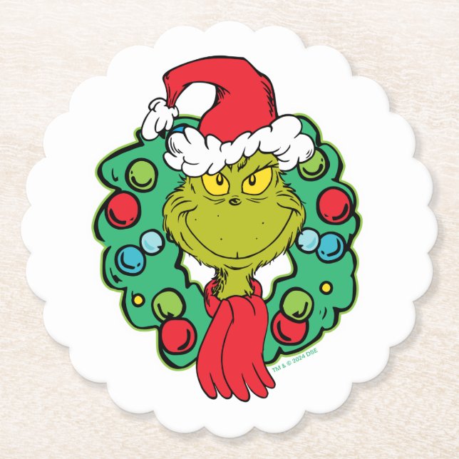 Grinch | Christmas Holiday Wreath Paper Coaster (Front)