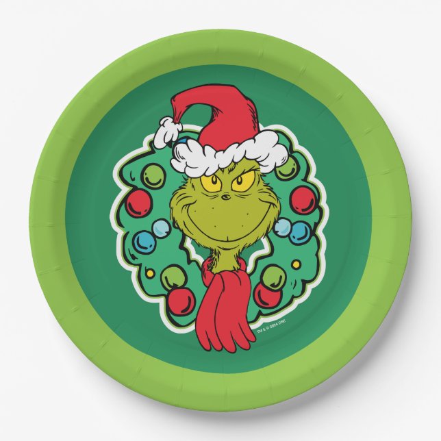 Grinch | Christmas Holiday Wreath Paper Plate (Front)