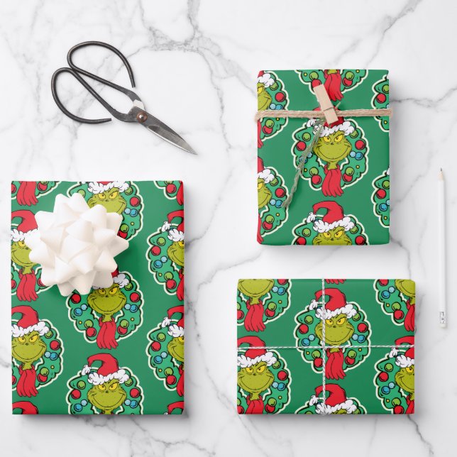 Grinch | Christmas Holiday Wreath Wrapping Paper Sheet (Front)
