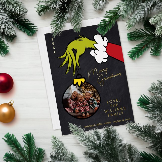 Grinch Merry Grinchmas Family Photo Christmas Foil Holiday Card (Card on table)