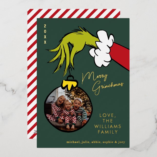 Grinch Merry Grinchmas Family Photo Christmas Foil Holiday Card (Front/Back)