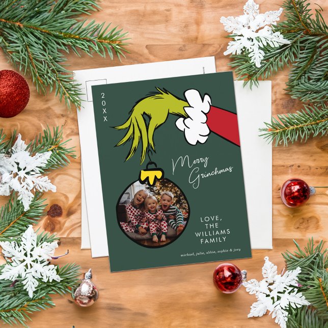 Grinch Merry Grinchmas Family Photo Christmas Holiday Postcard (Card on table)