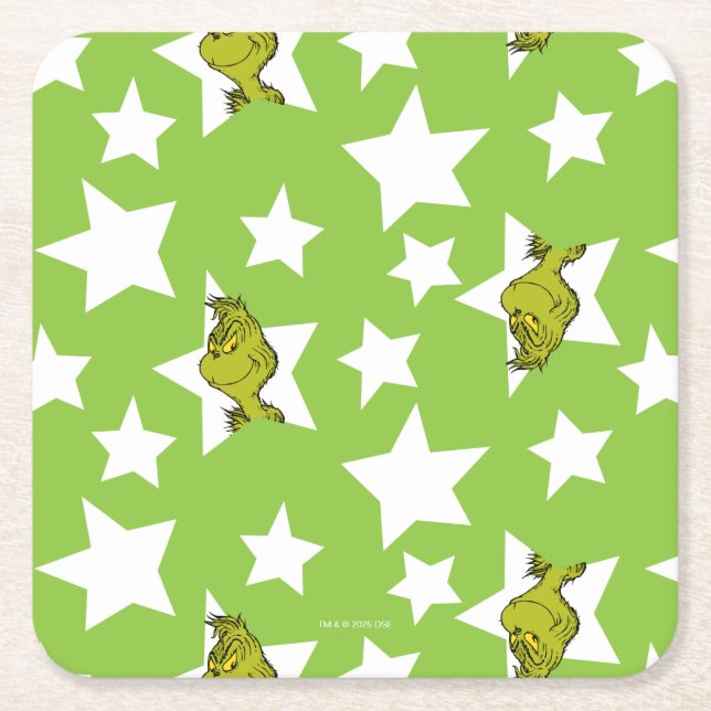 Grinch Peeking Star Pattern Square Paper Coaster (Front)
