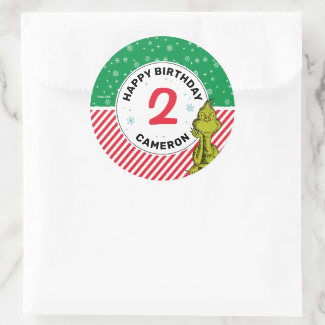 Grinch Red and Green Snowflake Birthday Classic Round Sticker (Bag)