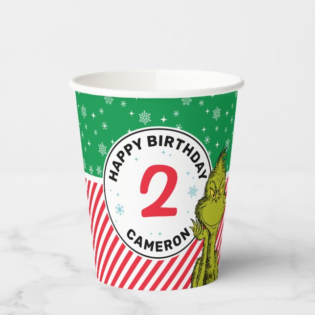 Grinch Red and Green Snowflake Birthday Paper Cups (Left)