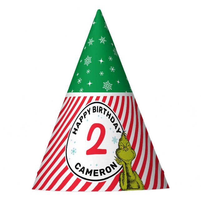 Grinch Red and Green Snowflake Birthday Party Hat (Front)