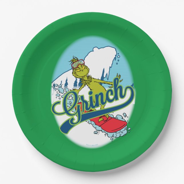 Grinch Snowboarding Paper Plate (Front)