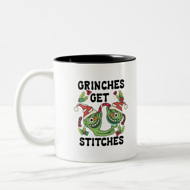 Grinches Get Stitches Christmas Graphic Art Design Two-Tone Coffee Mug (Left)