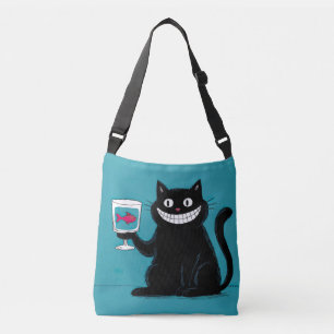 Grinning Black Cat with Fish in a Glass Crossbody Bag