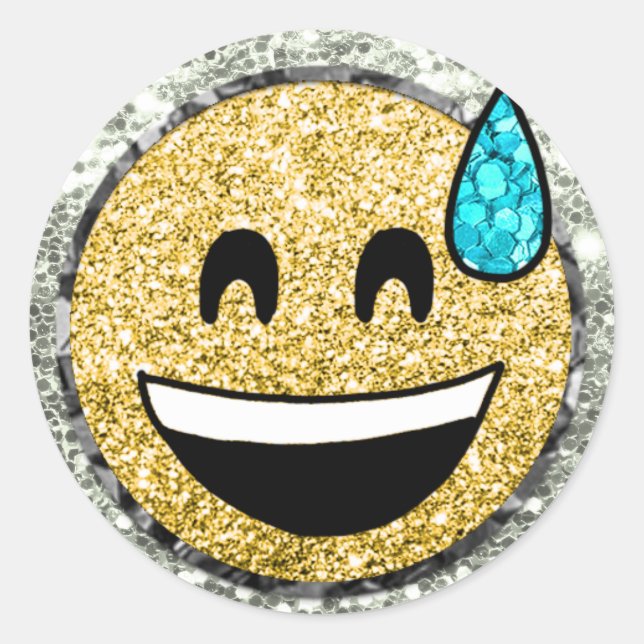 *~* Grinning Face Sweat  Emoji AP40 Gold Glitter Classic Round Sticker (Front)