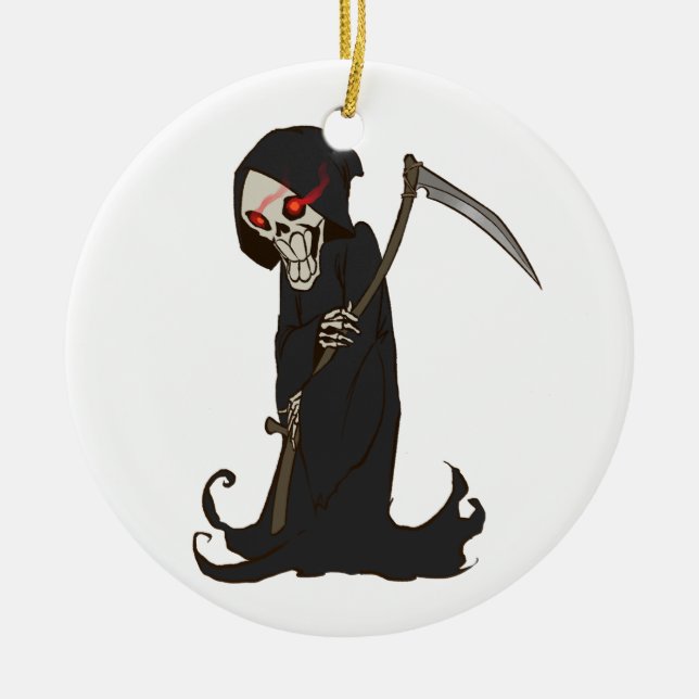 Grinning Grim Reaper with Red Eyes Holding Scythe Ceramic Tree Decoration (Front)