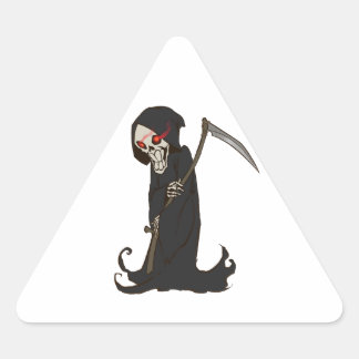 Grinning Grim Reaper with Red Eyes Holding Scythe Triangle Sticker