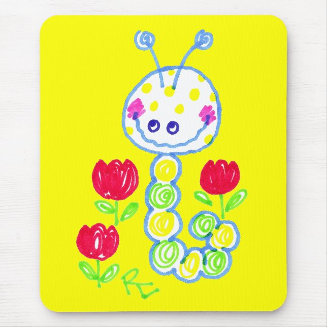 Grinning Happy Caterpillar Yellow Background Mouse Mat (Front)