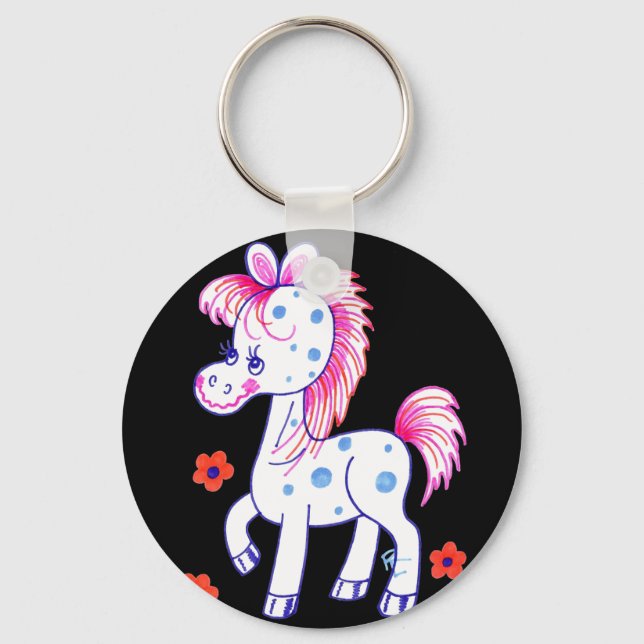 Grinning Happy Pony Black Background Key Ring (Front)