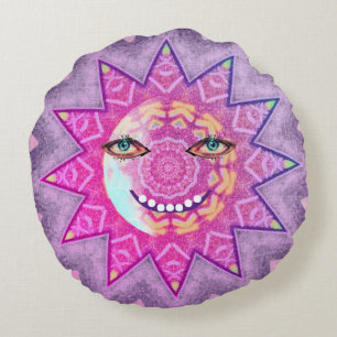 Grinning Moon and Sun, Day & Night sides Round Cushion