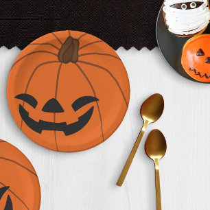 Grinning Orange Carved Pumpkin Halloween Party Paper Plate