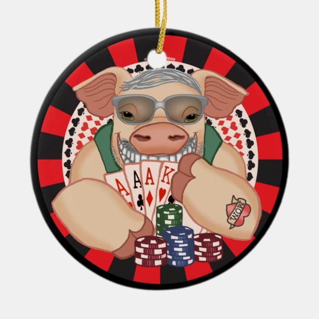 Grinning poker pig ceramic tree decoration (Front)