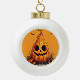 Grinning Pumpkin With a Ghoulish Expression Ceramic Ball Christmas Ornament