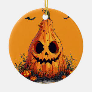 Grinning Pumpkin With a Ghoulish Expression Ceramic Tree Decoration