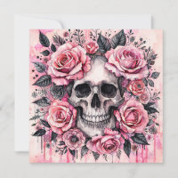 Grinning Skull and Pink Roses Gothic