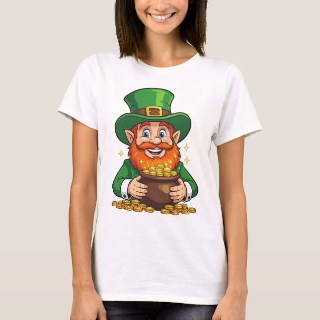 Grins And Coffers Galore Cartoon Leprechaun T-Shirt (Front)