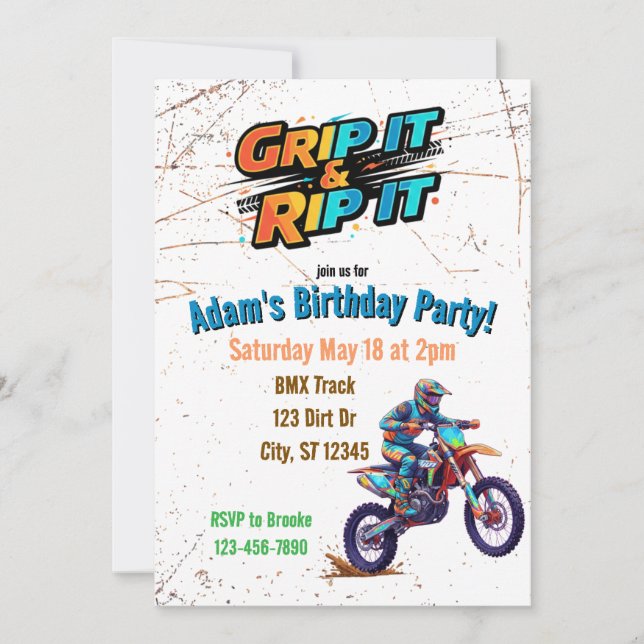 Grip it & Rip It Dirt Bike Birthday Invitation (Front)