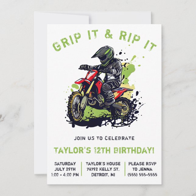 Grip It & Rip It! Motocross, Dirt Bike Birthday  Invitation (Front)